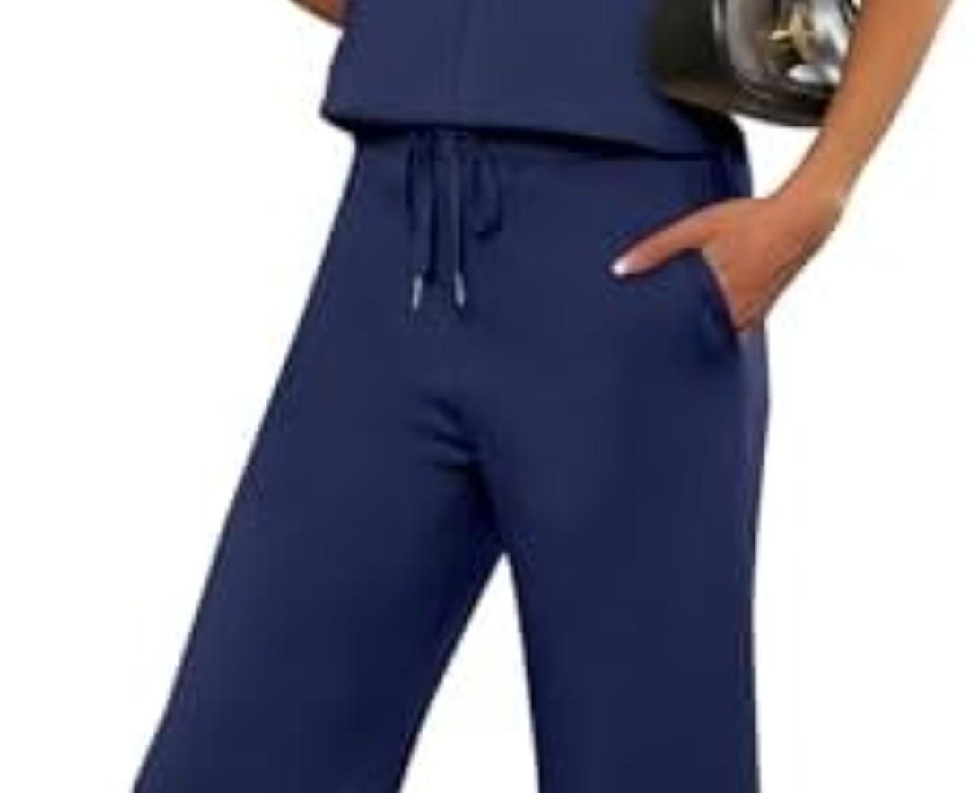 ANRABESS Women's 2 Piece Outfits Lounge Sets 2025 Summer Sweatsuits Short Sleeve Wide Leg Pants Sweat Set Tracksuits Clothes Navy Blue Small, Small 