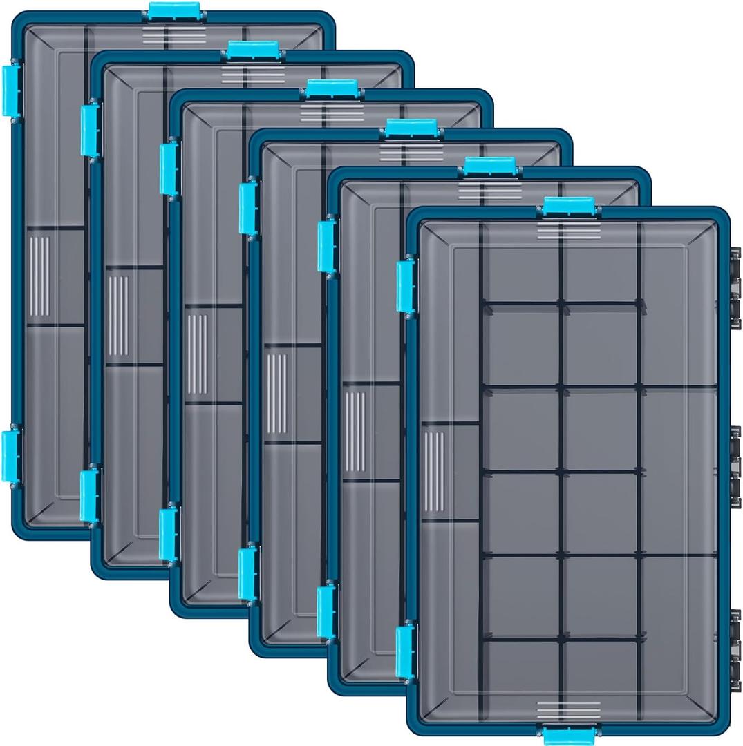 Wonderjune 6 Pack Fishing Tackle Boxes Waterproof 3600 and 3700 Tackle Trays with Removable Dividers Plastic Storage Organizer Bait Vault Camouflage Box for Freshwater Saltwater (Blue,3700)