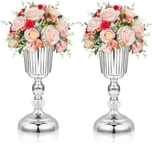 4PCS Silver Metal Flower Trumpet Stripe Vases Crystal Table Centerpieces Artificial Flower Arrangements for Anniversary Celebration/Wedding/Party/Birthday Event Aisle Home Decor