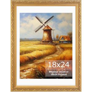 18x24 Picture Frame with White Mat, Ornate Vintage Gold Finish