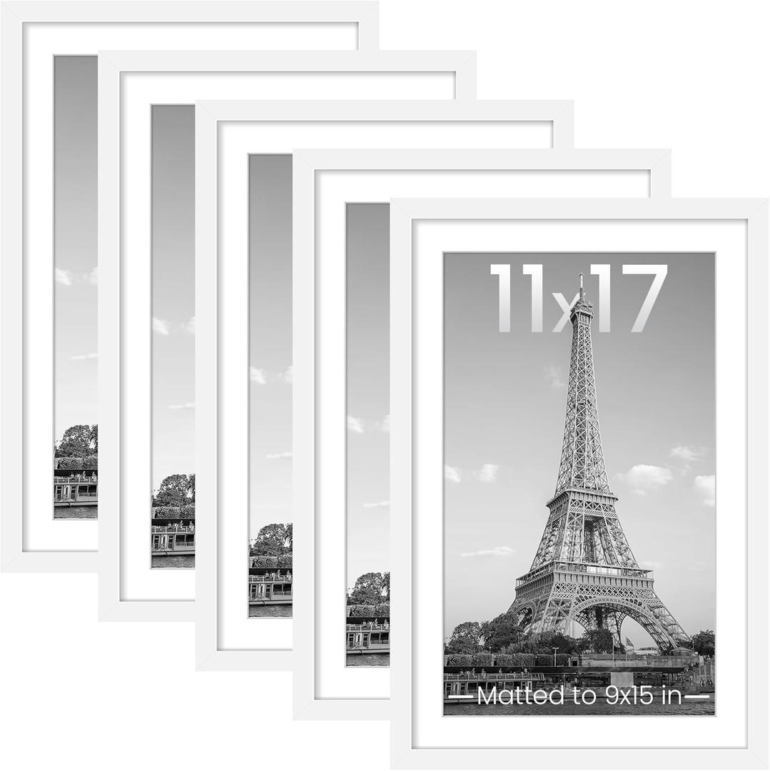 upsimples 11x17 Picture Frame Set of 5, Display Pictures 9x15 with Mat or 11 x 17 Without, Wall Gallery Poster Frames, White