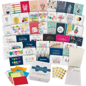 Dessie 100 Unique Birthday Cards Assortment with Greetings Inside for Businesses and Individuals.100 Assorted Color Envelopes, Gold Seals, Birthday Calendar in Sturdy Storage Box