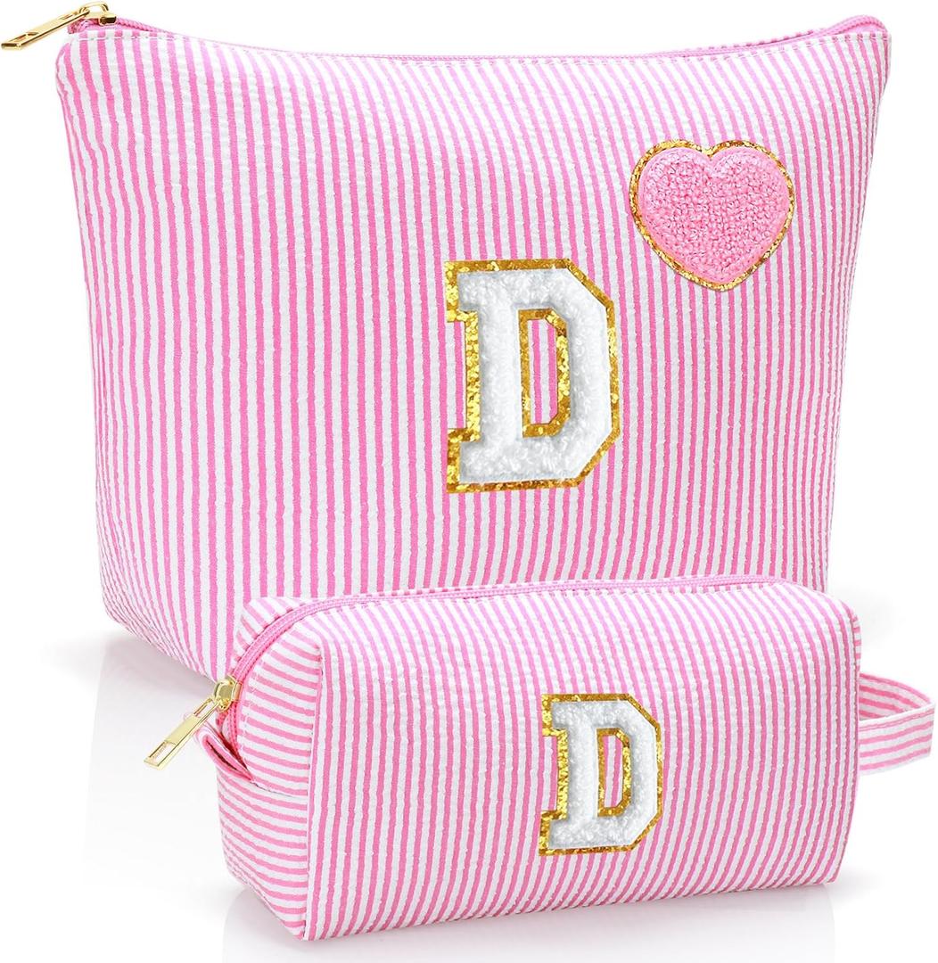 Initial Makeup Bag Personalized Preppy Cosmetic Bag Trendy Toiletry Travel Bag For Teen Girls Kids Women Letter Makeup Pouch Purse Holiday Gifts Birthday Gifts 2pack (D, Pink)