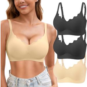 Womens Seamless T-Shirt Bras 3 Pack Wireless Comfy Jelly Bra, Full Coverage Bralette No Show Under Clothes, Size: Large