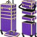 Somduy Rolling Makeup Case, Makeup Train Case with Lid, 5 in 1 Cosmetology Case on Wheels, Christmas Gift, Large Makeup Organizers, Profesional Cosmetic Case for Salon Barber, Purple Gold