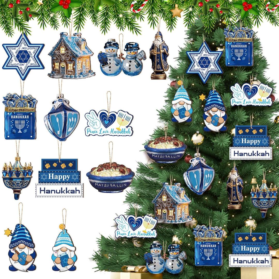 FairySandy 36 Pcs Hanukkah Ornaments Happy Chanukah Hexagram Gnome Menorah Dreidel Hanging Wooden Ornament Decorations Jewish Decor Crafts Pendant Signs for Home Christmas Tree Decoration Gift