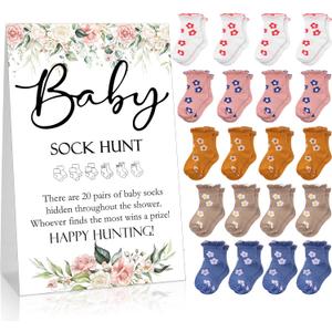 Hoteam 21 Pcs Baby Shower Games Include Baby Sock Hunt Sign and 20 Pair Small Cotton Socks Wooden Table Sign with Holder for Gender Reveal Party Favors(Flower Style)