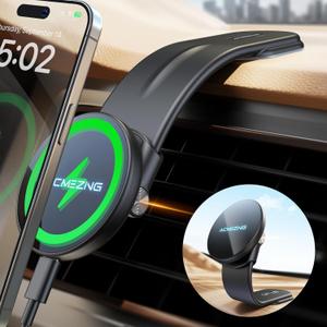 15W Only for iPhone MagSafe Car Mount Charger, 360% Adjustable Aluminum Alloy Arm, Relocatable Car Phone Holder, Magnetic Wireless Fast Charging, Cell Phone Holder for All Car Models, Black