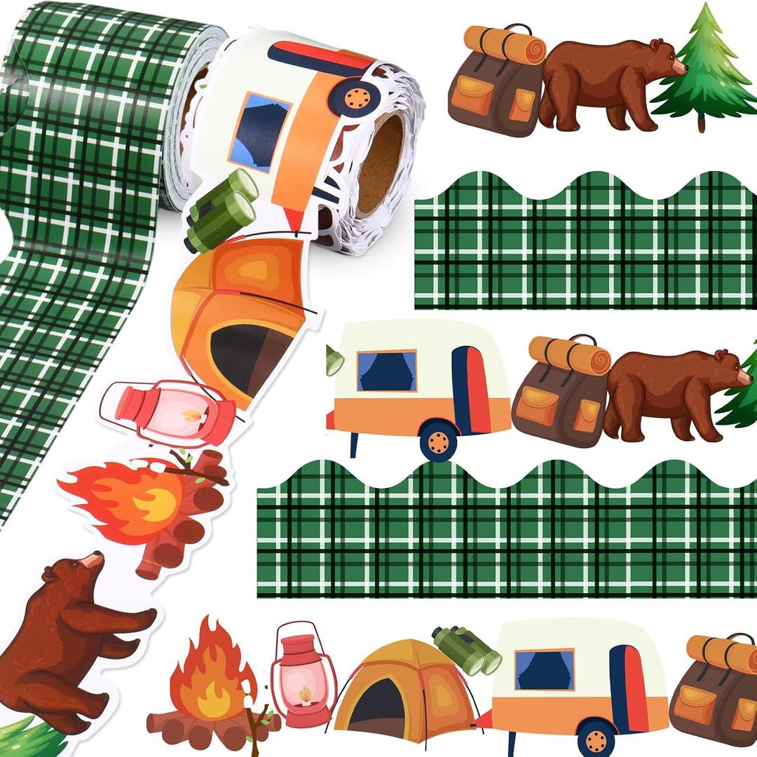 2 Rolls 65.6ft Camping Forest Classroom Bulletin Border Decor | Hiking Tree Bear Tent Border Trim Decor, Back to School Bulletin Board Strips Decorations, Office Chalkboard Party Decoration