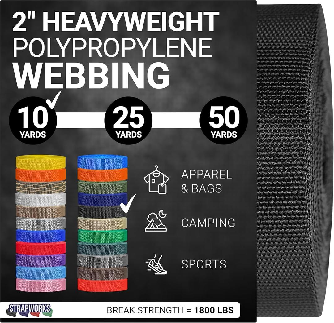 Strapworks Heavyweight Polypropylene Webbing - Heavy Duty Poly Strapping for Outdoor DIY Gear Repair (2" x 10 yard, Black)