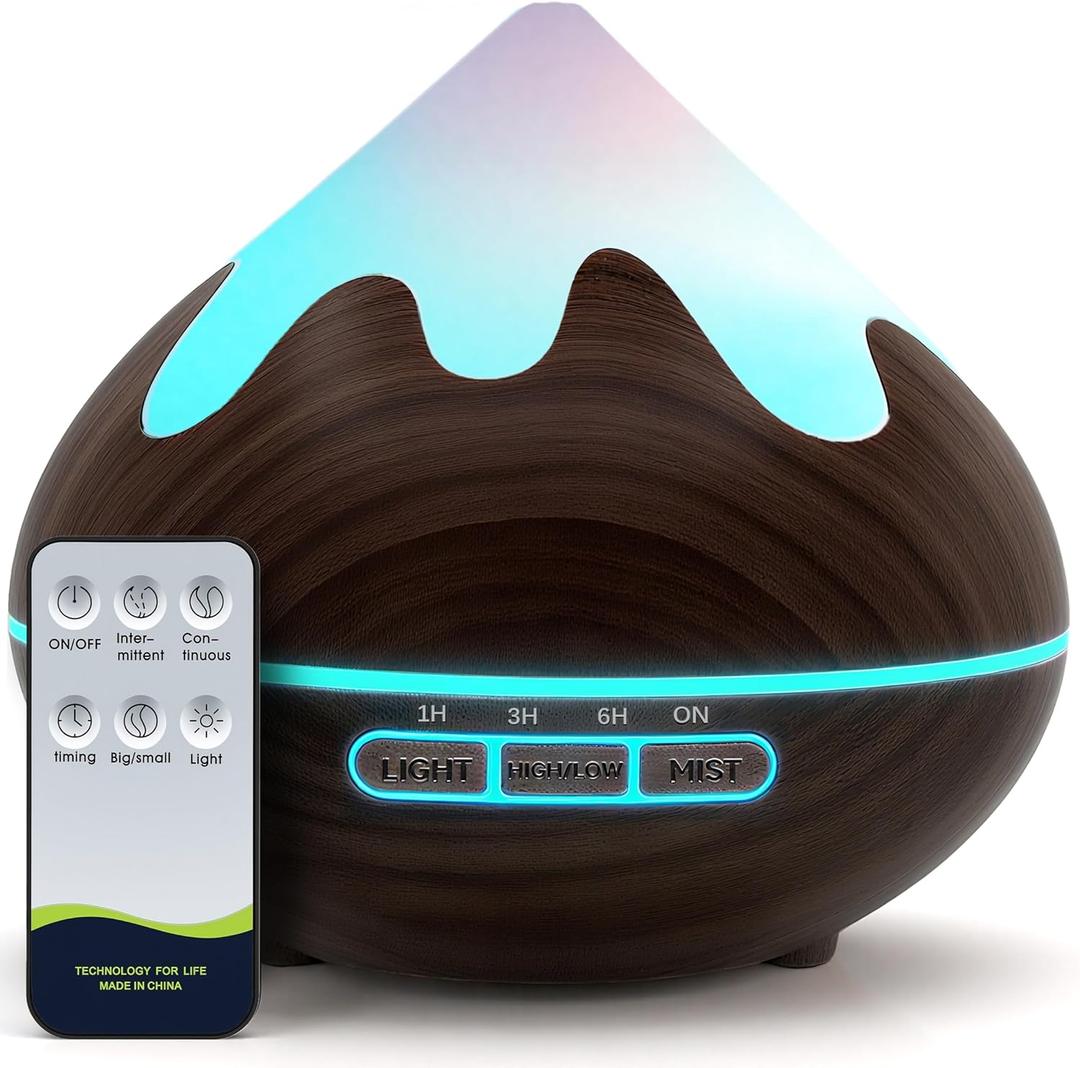 500ML Essential Oil Diffuser, Aromatherapy Diffuser with Remote Control, Multifunctional Air Diffusers for Home Office Room, Fragrance Aroma Diffuser with 7 Color LED & 2 Mist Mode, Dark Brown