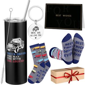 Vesici 5 Pcs Truck Driver Gifts Sets for Men Include 20 oz Insulated Tumbler Novelty Socks Keychain Greeting Card Truck Driver Appreciation Gifts for Christmas Father's Day Holiday Birthday