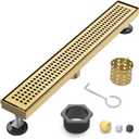 Linear Shower Drain | 24 Inch AISI 304 Stainless Steel Shower Drain, Brushed Gold Linear Drain with Removable Quadrato Grate Cover & Adjustable Feet, Rectangle Floor Drain, in Bathroom Balcony etc