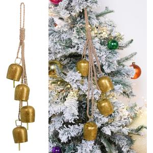 Christmas Gold Bells Set: Vintage Hanging Bells Decorations with Jute Rope - Metal Bell Chimes for Home, Garden, Christmas Tree, Wedding & Party, Antique Gold (1 Pack)