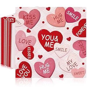 100 Pcs Valentines Day Napkins, Conversation Hearts Party Napkins, Sweet Candy Heart Table Decor for Valentine Dinner Bridal Shower Party Supplies