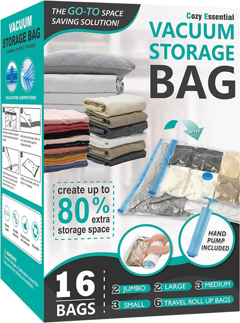 16 Pack Vacuum Storage Bags, Space Saver Bags (2Jumbo/2Large/3Medium/3Small/6Roll) Compression Storage Bags for Comforters and Blankets, Vacuum Sealer Bags for Clothes Storage, Hand Pump Included (16 Pack)