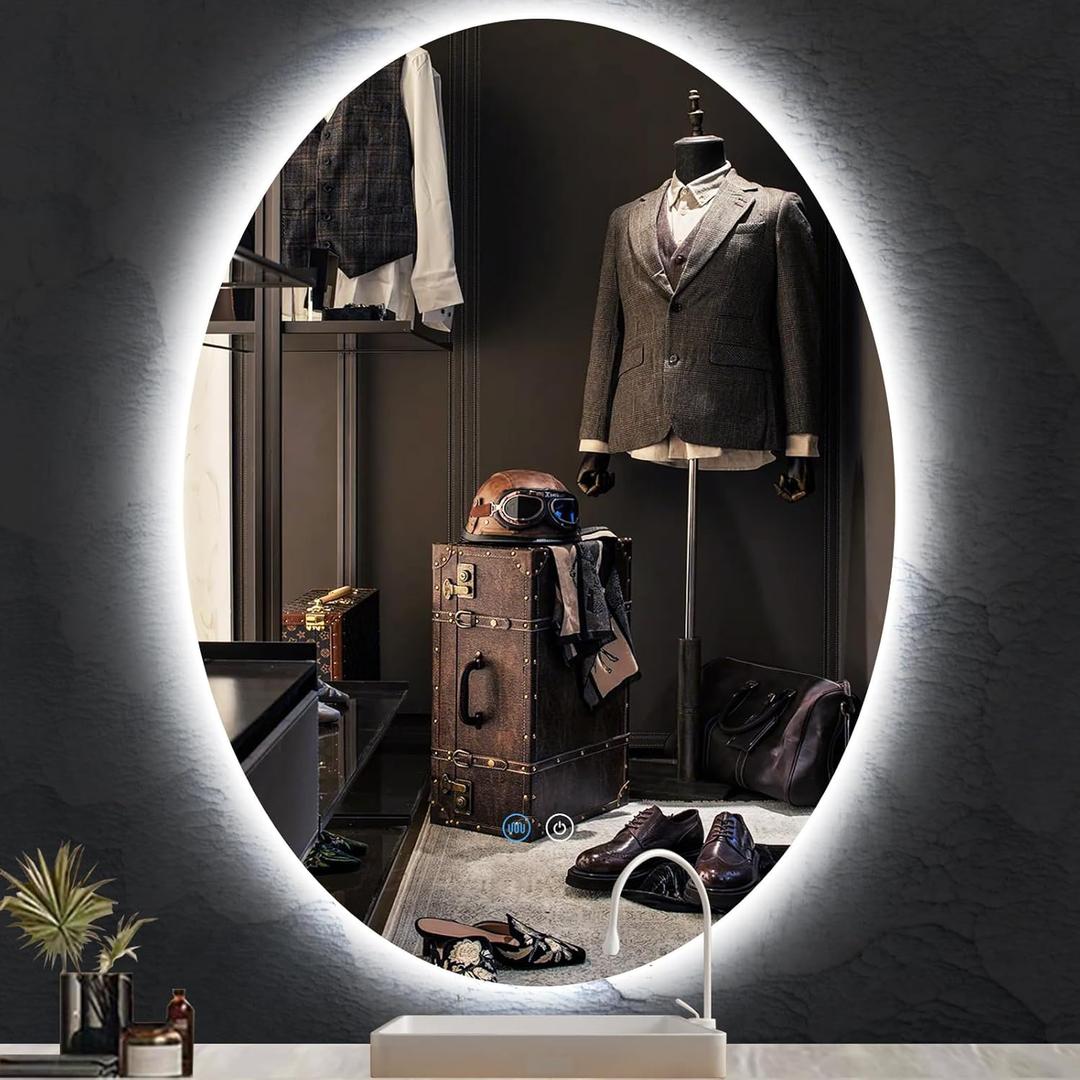 30 x 40 Inch Oval Lighted Vanity Mirror with Lights 3 Color Adjustable Brightness AntiFog 40" Large Frameless Oval Backlit Mirror for Bathroom Wall 40 Backlight Ovals Smart Light up Mirrors