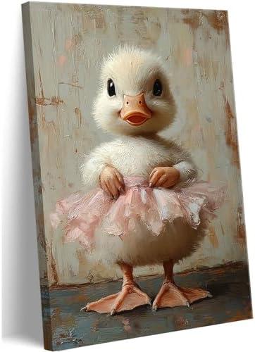 Framed Pink Ballet Skirt White Duck Canvas Wall Art Cute Duck Picture Wall Decor Funny Animals Poster Print for Kids Room Nursery Little Girl's Room Painting Artwork Home Decoration Ready to Hang