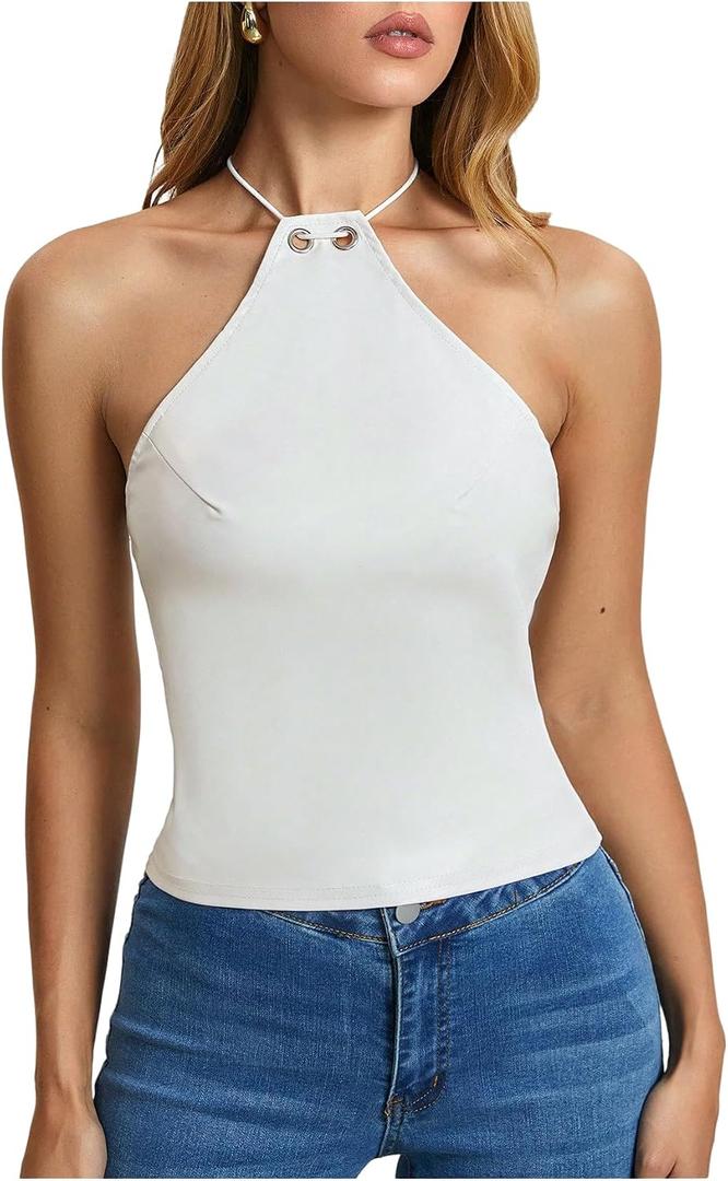 MakeMeChic Women's Tie Backless Halter Crop Tops Sleeveless Fitted Going Out Tank (White, S)