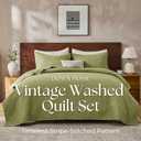 DOWN HOME Queen Quilt Bedding Set with Shams, Vintage Washed Soft Quilted Blanket Thin Comforter Lightweight Bedspread Coverlet Bed Cover, Brushed Microfiber Stripe Stitching, Golden Olive, 86"x90"