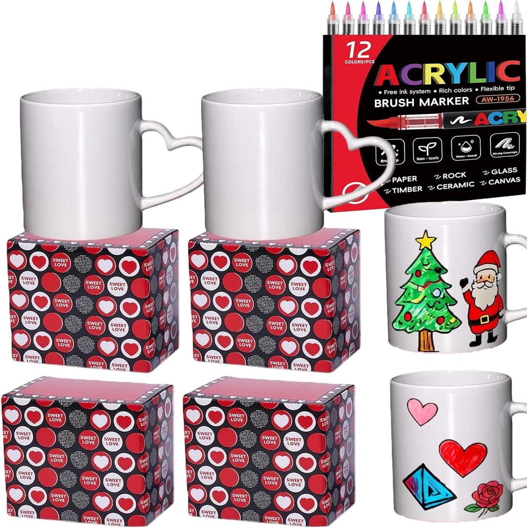 4 Pcs Mug Painting Kit Paint Your Own Mug With Gift Box Crafts for Couples Mom and Dad and friends DIY Gift(12 OZ)