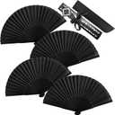 4 Pack Silk Handheld Folding Fans, Decorative Black Vintage Bamboo Hand Held Foldable Fan 8.2in Small Chinese Japanese Retro Style with Case for Women Dance Performance Wedding Party Gift Church