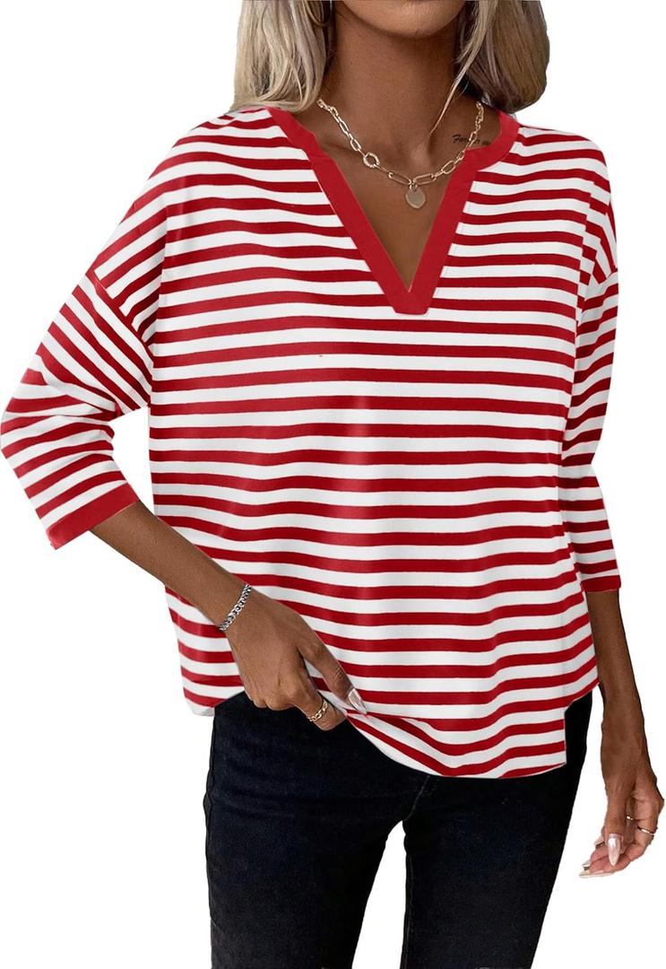 LilyCoco Womens 3/4 Length Sleeve Tops Striped Boat Neck Shirt Frenchy Cotton Tees Red Large (Red, L)