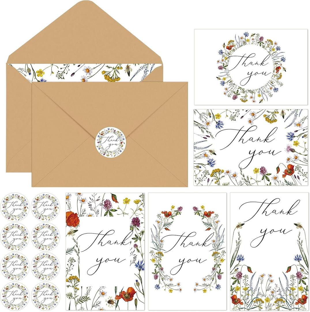 50 Sets Wildflower Thank You Cards with Envelopes Bulk 7.87 x 5.91 Inches, Employee Appreciation Card Floral Blank Greeting Cards Notes with Stickers Set and for Baby Shower Wedding Bridal Shower