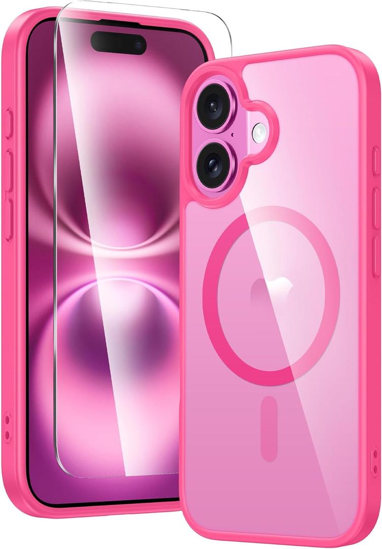 FNTCASE for iPhone 16 Case Clear: Magnetic Phone Cases Compatible with Magsafe Slim Anti Yellowing Military Grade Drop Protection Rugged Protective Transparent Cell Cover (B-Hot Pink Magnetic)