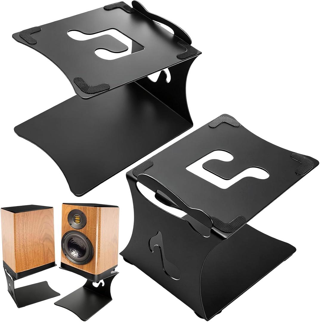 2 Pack Desktop Speaker Stands with Vibration Absorption Pads, Metal Bookshelf Speaker Riser Pair Support Up to 8 lbs Each, Desk Audio Stand, Studio Monitor Stand for Computer Speakers, Black