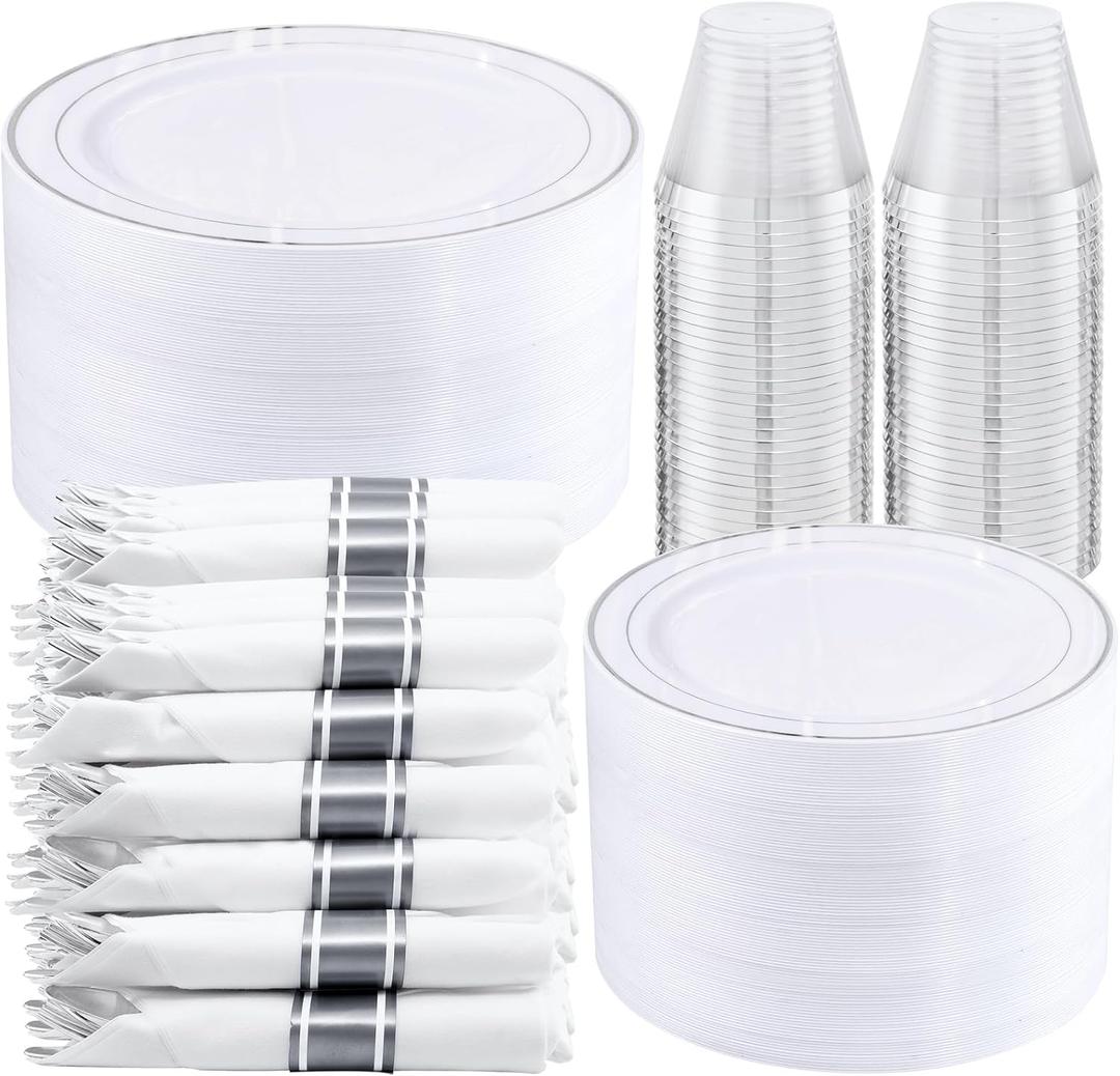WELLIFE 350-Piece Silver Plastic Dinnerware Set - Disposable 10.25" Dinner Plates, 7.5" Dessert Plates, 9oz Silver Rim Cups & Cutlery for Weddings - 50 Guest Service - Elegant Disposable Silverware