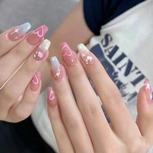 Valentines Day Medium Square Press on Nails Heart Patterns Accents Black Border Glossy Surface Romantic Style uñas postizas Manicure Pink Nude Black Party Date Wedding Artificial Nails 24 Pcs Pack Of 2