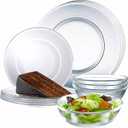 12pc Glass Dinnerware Set - Sleek Round Clear Glass Plate and Bowl Sets - Dishwasher Safe, Bread & Butter Dinner, Dessert, Salad Plates & Serving Cereal Soup Bowls Dishes for Kitchen Dining & Parties (krx01)