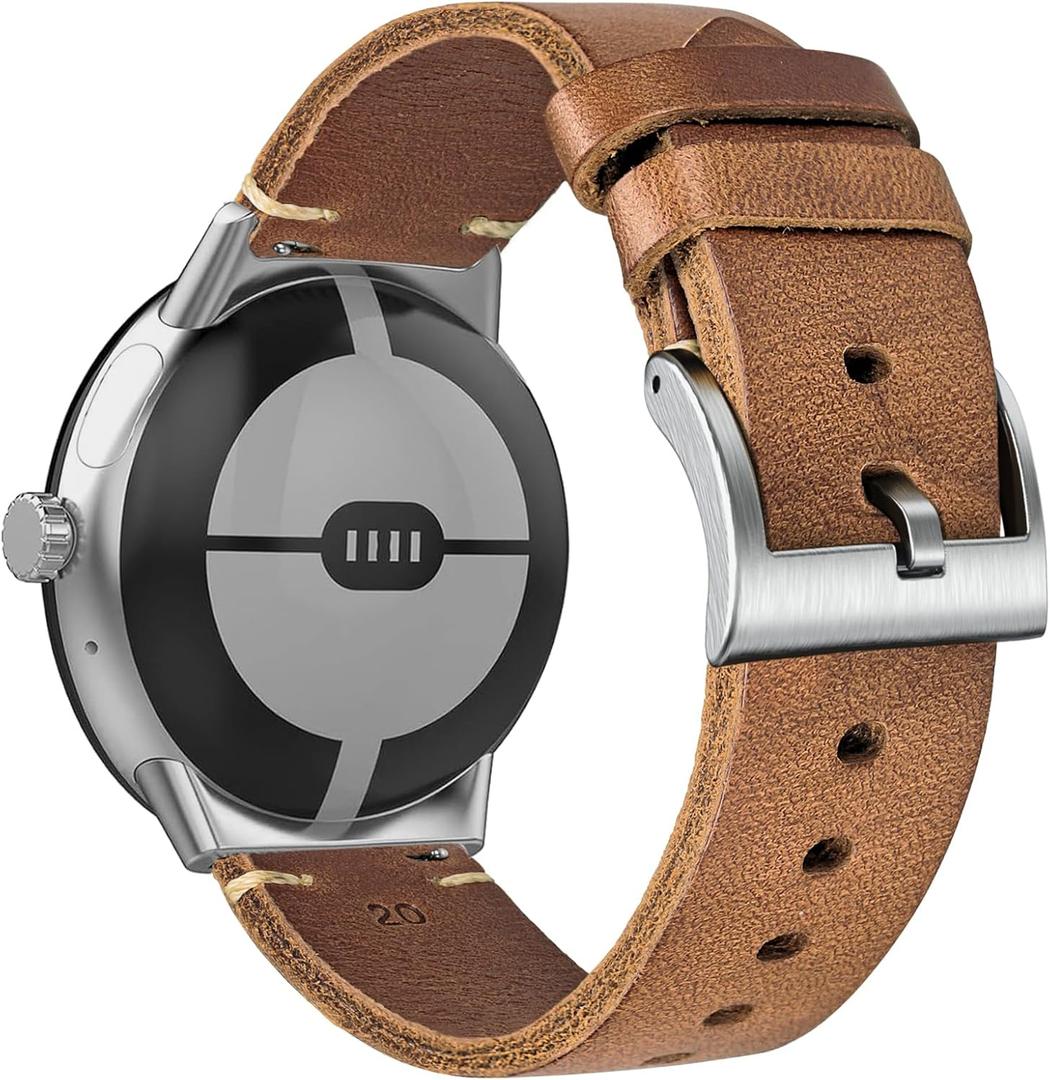 Soft Horween Leather Watch Band Compatible with Google Pixel /Pixel2 /Pixel 3 41mm/Pixel 3 45mm/Pixel 4 41mm/Pixel 4 45mm Watch,Replacement Strap for Pixel Smart Watch Bands (Natural-1/Silver Buckle)