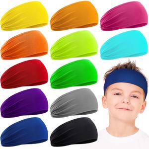 Zhanmai 12 Pcs Boys Headbands 16 Inch Boys Kids Sweatbands Boys Headbands for Sports Kids Headband Soft Athletic Sweatband Headbands Wicking Elastic Hairband for Girls Boys Youth (Assorted Colors)