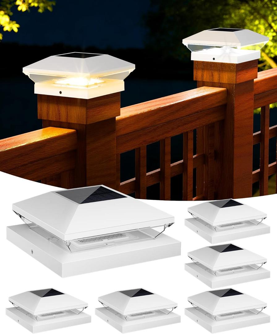 T-SUN Solar Post Cap Lights Outdoor 6 Pack, 2 Modes LED Fence Post Solar Lights Fit for 4x4 5x5 6x6 Vinyl/Wooden Posts, Waterproof Deck Post Lights Solar Powered for Garden Patio Gate Porch (White-Warm & Cool White)