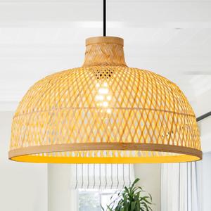 Rattan Wicker Pendant Light 15.75in Hand-Woven Bamboo Lighting Fixture, Boho Hanging Dome Lights Chandelier for Dining Room Kitchen Island Lobby Restaurant Hallway Bedroom