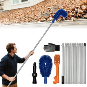 Longtor 12.9FT Gutter Cleaning Tools from Ground Aluminum Extension Pole with Bendable Brush, Deep Scoop & Swivel Head, Telescopic Roof Cleaner for Gutters/Swimming Pool, No Ladder Required