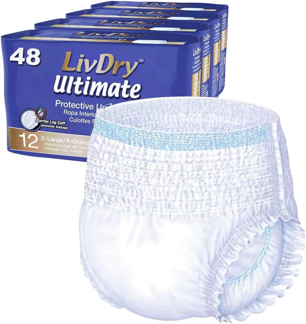 LivDry Ultimate XL Adult Incontinence Underwear, High Absorbency, Leak Cuff Protection, X-Large, 48-Pack