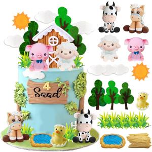 DRWATE Farm Animal Cake Topper Cow Cake Decorations with Cow Pig Horse Sheep Chicken for Baby Shower Farm Birthday Party Supplies (Clay)