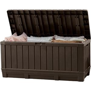 Keter Kentwood 92 Gallon Resin Deck Box-Organization and Storage for Patio Furniture Outdoor Cushions, Throw Pillows, Garden Tools and Pool Floats, Brown