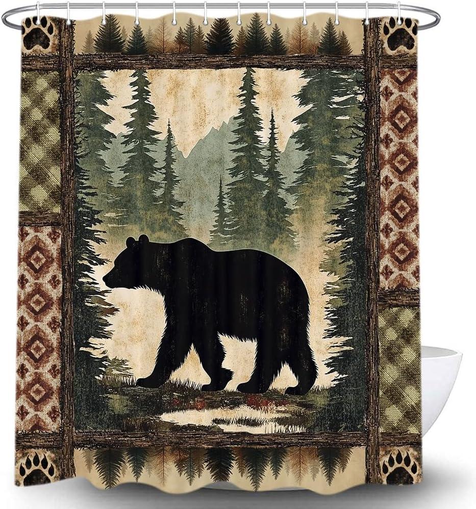 Cabin Bear Shower Curtain, Rustic Deer Hunting Decor Bath Curtains, Farmhouse Country Wooden Camping Forest Waterproof Fabric Bathroom Accessories Set, 69X78 inch with Hooks