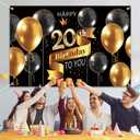Happy 20th Birthday Backdrop Banner - 20 Birthday Party Decorations Supplies for Men - Black Gold 3.9 x 5.9ft