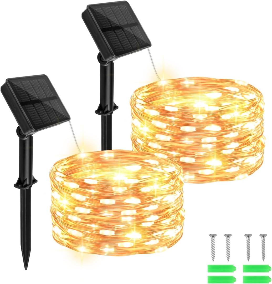 Cshare Solar Fairy Lights Outdoor Waterproof,16.4ft 50LED Solar String Lights for Outside 8 Modes 2 Packs for Christmas Halloween Holiday Patio Backyard Garden Deorations Warm White