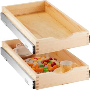 Menkxi 2 Set Wooden Pull out Cabinet Organizer Fully Assembled Slide out Pantry Drawer with Gentle Close Storage Shelf Tray for Base Kitchen Under Sink Bathroom Accessory(Wood Color,12'' X 21'' X 3")