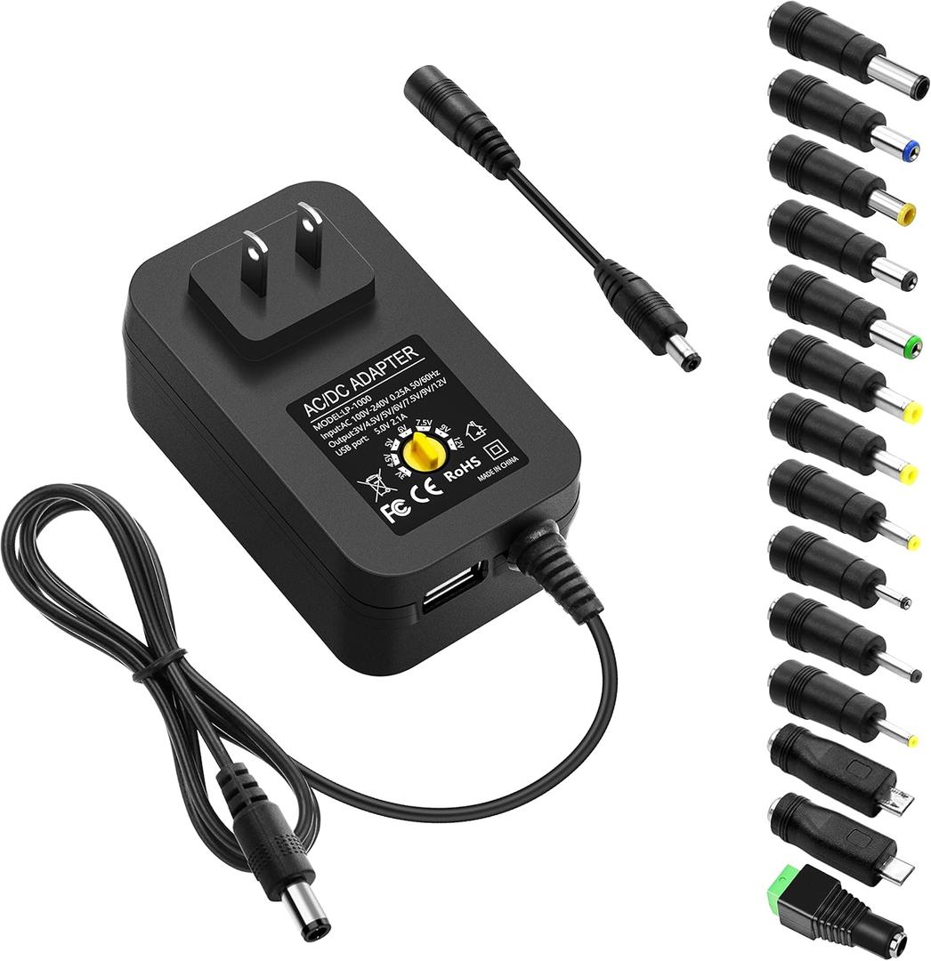 ALITOVE 30W Universal Power Adapter Adjustable AC Adapter 3V 4.5V 5V 6V 7.5V 9V 12V 2.5A Max Variable Power Supply 100V-240V AC to DC 3V~12V 0.5A 1A 1.5A 2A with 5V 2.1A USB Port 14 Tips, 4.9FT Cord