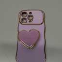 Compatible with iPhone 16 Pro Heart Holder case, Cute Wave Frame Curly Shape with Love Heart Kickstand Raised Camera Protection Cover Luxury Plating Shockproof Phone Case (Purple, For iPhone 16 Pro)