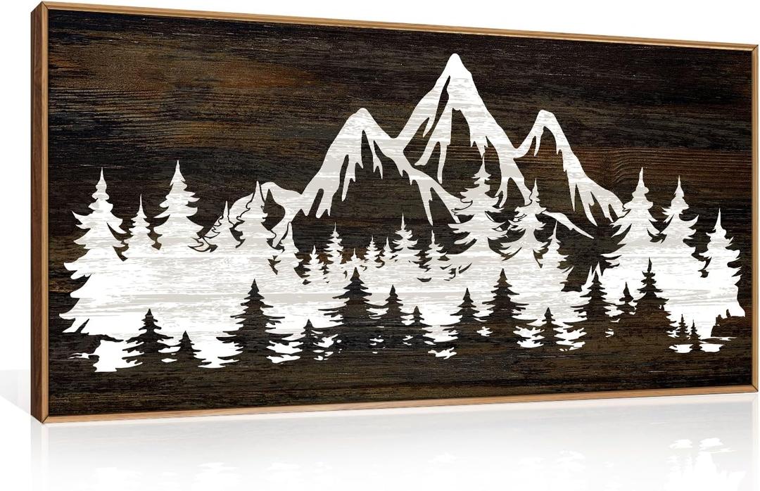 LHIUEM Large Mountain Tree Framed Canvas Wall Art,Modern White Forest Art Prints,Abstract Country Woodcut Wood Wall Decor,Farmhouse Zen Artwork for Living Room Bedroom Office-20''x40''