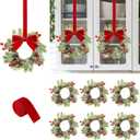 6Pcs 9" Christmas Wreaths Small Christmas Wreaths for Kitchen cabinets Mini Wreaths with Red Ribbon Christmas Candle Ring with Pine Cone, Red Berry & Pine Needle Decor for Christmas Decorations