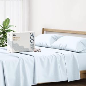 Mayfair Linen 100% Cotton Bed Sheets California King Sheet Set - 500 Thread Count Sheets Cal King Size 4 PC Set (Light Blue), Soft, Cooling, 16" Deep Pocket Sateen Cotton Bedsheet for Hot Sleepers